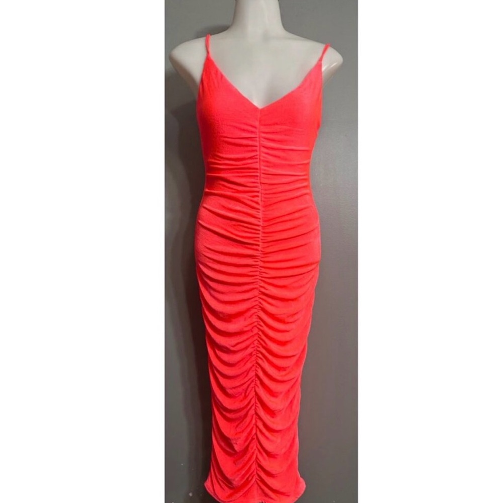SER.O.YA Neon Coral Ruched Bodycon Midi Dress NWT S Spaghetti Strap - Picture 2 of 11